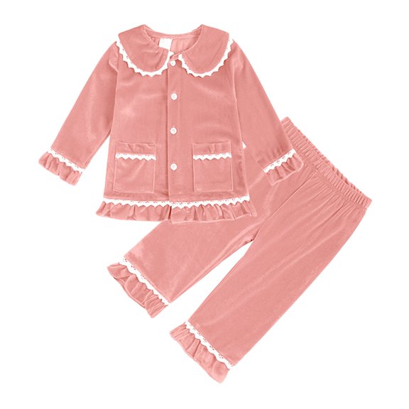 Ruyang Girls Christmas 2 Piece Outfits Cute Ruffle Velvet Clothing Set Baby Fall Winter Button Down Shirts Lace Pants Set