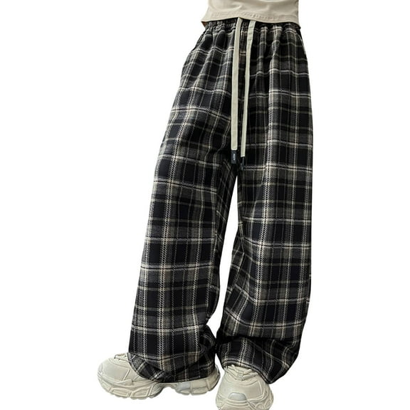 Ruyang Girls Christmas Plaid Sweatpants Teens Fleece Lined Wide Leg Pants Winter Warm Baggy Elastic Waist Joggers