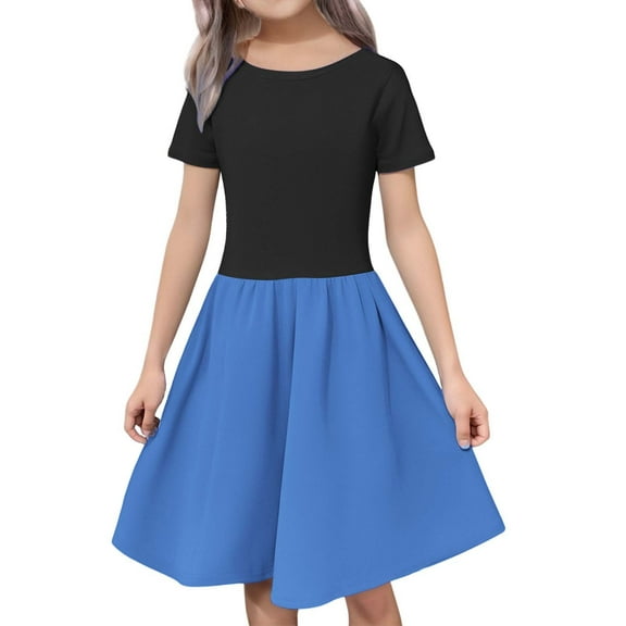 Ruyang Girls Color Block Short Sleeve Dress Crew Neck Pleated Ruffles A-Line Dresses Summer Casual Elegant Midi Dresses
