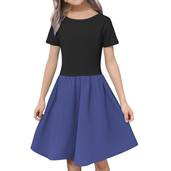 Ruyang Girls Color Block Short Sleeve Dress Crew Neck Pleated Ruffles A-Line Dresses Summer Casual Elegant Midi Dresses