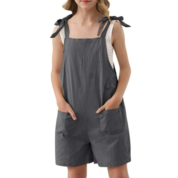 Ruyang Girls Cotton Linen Shortalls Adjustable Tie-Up Strap Short Jumpsuits Wide Leg Rompers Cute Overalls Trendy Shortalls