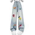thumbnail image 1 of Ruyang Girls Cute Baggy Jeans Cartoon Embroidery Wide Leg Jeans Elastic High Waist Denim Pants Kids Casual School Trousers, 1 of 8