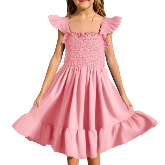 Ruyang Girls Cute Ruffle Sleeve Smocked Flowy Dress Summer Dresses Skater Swing Twirly Sun Princess Pleated Square Neck Skirt