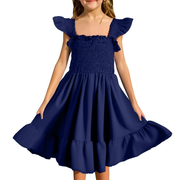 Ruyang Girls Cute Ruffle Sleeve Smocked Flowy Dress Summer Dresses Skater Swing Twirly Sun Princess Pleated Square Neck Skirt
