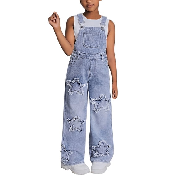 Ruyang Girls Denim Overalls Star Patchwork Adjustable Straps Jean Jumpsuits Summer Kids Teens Vintage Wide Leg Bottoms