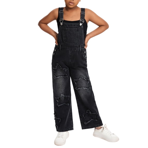 Ruyang Girls Denim Overalls Star Patchwork Adjustable Straps Jean Jumpsuits Summer Kids Teens Vintage Wide Leg Bottoms