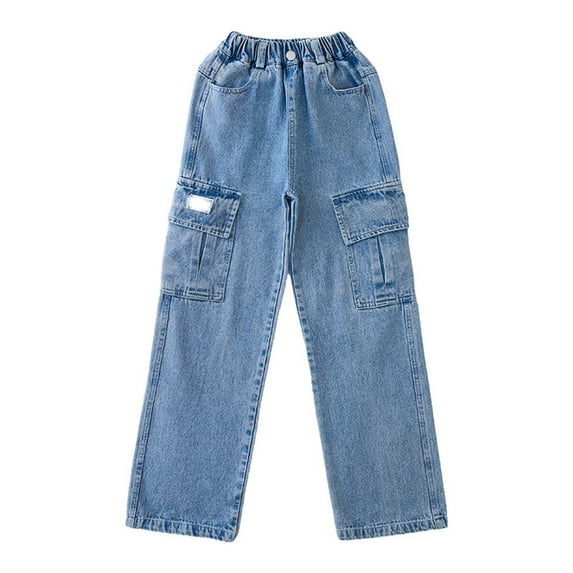 Ruyang Girls Elastic Waist Baggy Jeans with Pockets Streetwear Fashion Hip Hop Jeans Straight Relaxed Fit Denim Pants