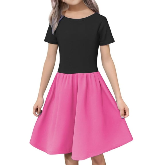 Ruyang Girls Elegant Color Block Dress 2025 Summer Casual Puff Short Sleeve Crew Neck Smocked Dresses Swing A-Line Dress
