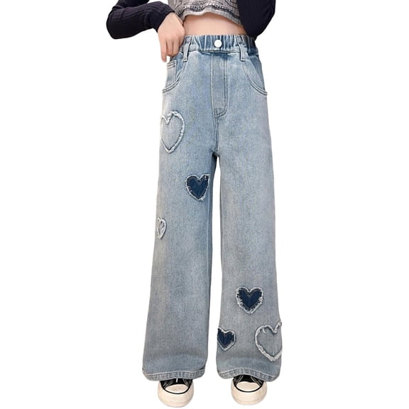 Ruyang Girls Fashion Cute Heart Print Jeans Loose Straight High Waist Wash Denim Pants Valentine's Day Denim Trousers