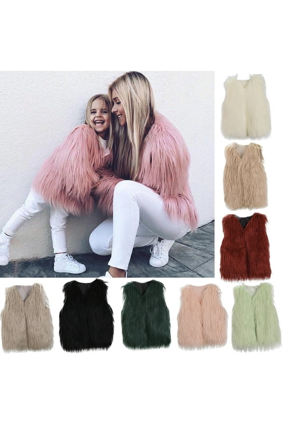 Girls Faux Fur Vest Sleeveless Furry Jacket Kids Thick Warm CoatPlain Cute Fuzzy Waistcoat Fashion Cardigan