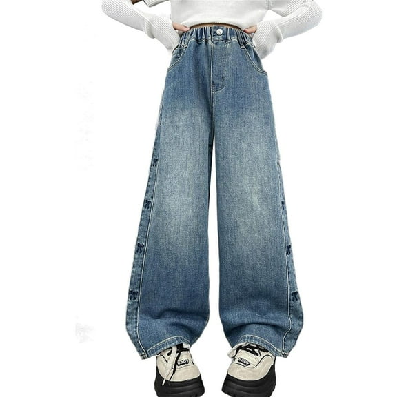 Ruyang Girls Flare Denim Pants with Cute Bow Print Baggy Wash Elastic High Waist Denim Trousers Y2K Hip Hop Jeans
