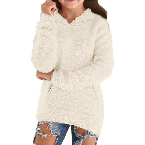Ruyang Girls Fleece Hoodie Y2K Trendy Fuzzy Pullover Sweatshirt Kids Fall Winter Warm Furry Plain Hooded Sweater Pocket
