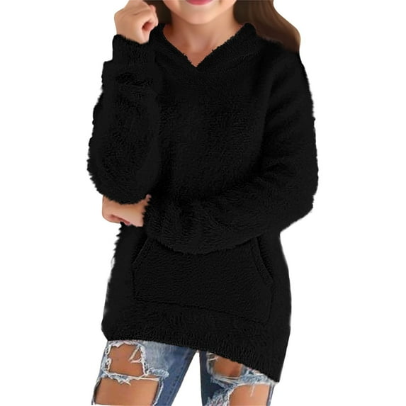 Ruyang Girls Fleece Hoodie Y2K Trendy Fuzzy Pullover Sweatshirt Kids Fall Winter Warm Furry Plain Hooded Sweater Pocket