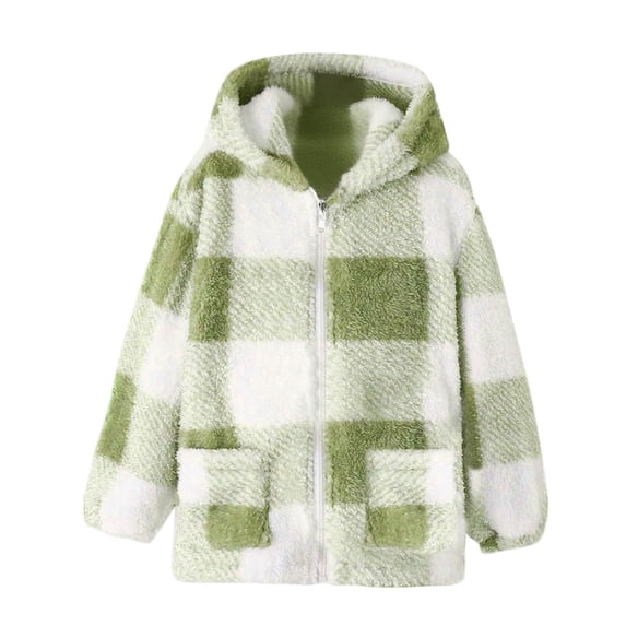 Ruyang Girls Fleece Jacket Cute Plaid Zip Up Cat Hooded Coat Fall Winter Warm Fuzzy Sweaters Pockets Soft Furry Sweaters