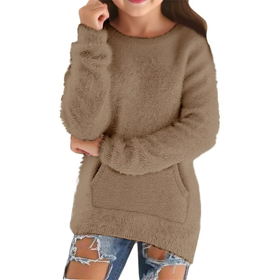 Ruyang Girls Fleece Sweater Trendy Oversized Fuzzy Pullover Sweatshirt Pocket Fall Winter Warm Plain Furry Jumper