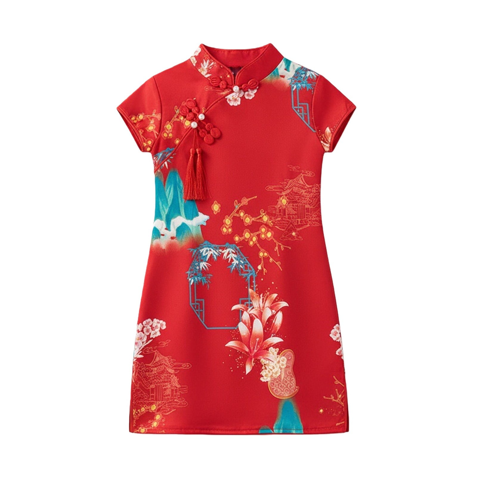 Ruyang Girls Floral Gheongsam Chinese Traditional Dress Kids Modern Sleeveless New Year Qipao Princess Tassels Outfits Trendy Skirt, Kids Unisex, Size