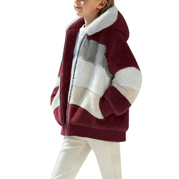 Ruyang Girls Fuzzy Fleece Hoodie Jacket Boys Winter Warm Furry Zip Up Coat Color Patchwork Soft Hooded Sweatshirt
