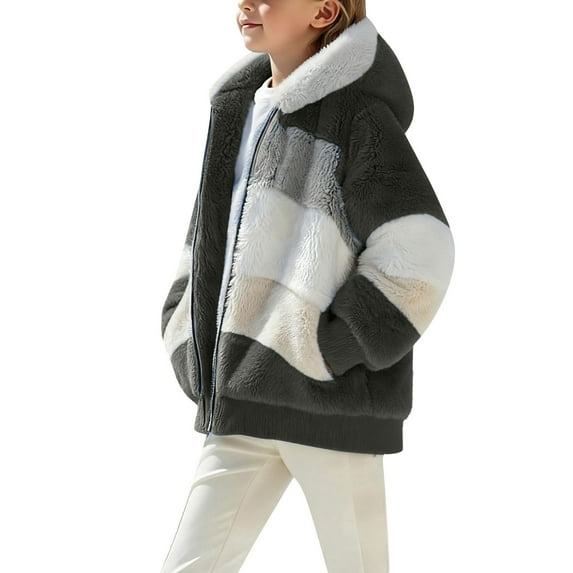 Ruyang Girls Fuzzy Fleece Hoodie Jacket Boys Winter Warm Furry Zip Up Coat Color Patchwork Soft Hooded Sweatshirt