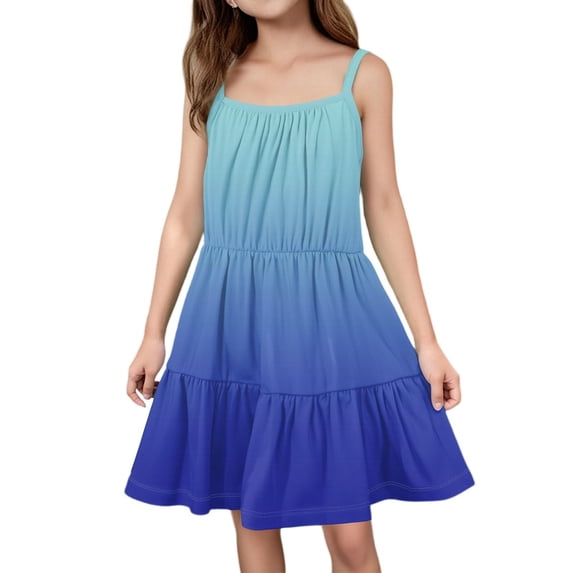Ruyang Girls Gradient Color Halter Dress Sleeveless Backless Ruffles Pleated Summer Dresses Teen Kids Smocked Casual Dresses