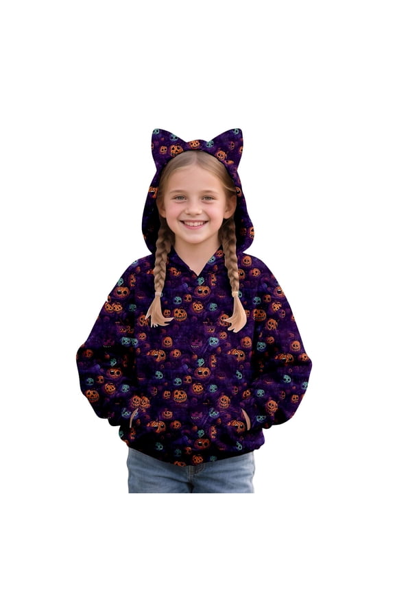 Girls Halloween Ghost Cat Hooded Sweatshirts Kids Boys Trendy Pumpkin Hoodies Long Sleeve Cute Pockets Hoodies