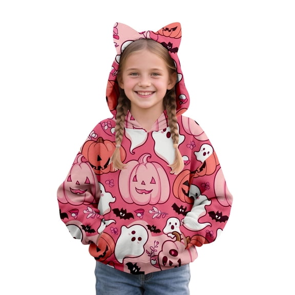 Ruyang Girls Halloween Hoodies Kids Ghost Pumpkin Graphic Hoodie Long Sleeve Cute Cat Ear Hooded Sweatshirts Pockets