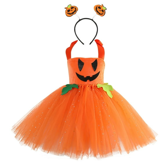 Ruyang Girls Halloween Outfit Cute Sequin Pumpkin Tutu Dress with Headband Party Dress Mesh Tulle Straps Dresses Winter Clothes