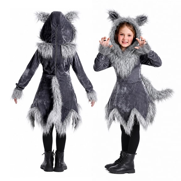 Ruyang Girls Halloween Wolf Outfit Werewolf Furry Hooded Dress with Ears Kids Animal Dress Fall Winter Holiday Party Dress Up