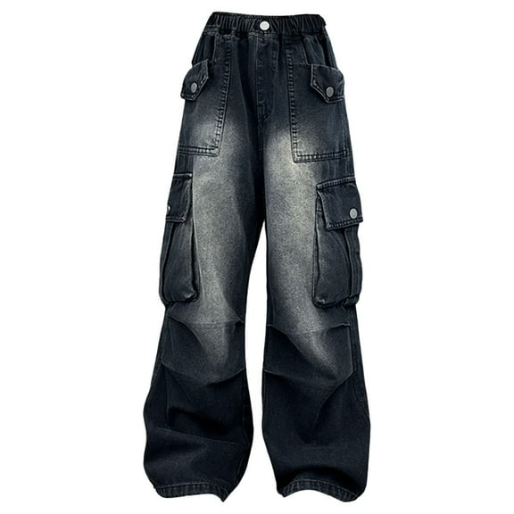 Ruyang Girls Handsome Streetwear Jeans Stylish High Waist Stretchy Cargo Denim Pants Baggy Wash Active Denim Trousers