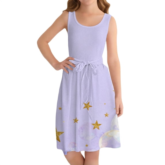 Ruyang Girls Hawaiian Vacation Dresses Star Print Swing Sleeveless Tank Sundress Summer Stretchy Beach A-Line Maxi Dresses