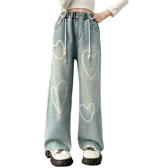 Ruyang Girls Heart Baggy Denim Pants Elastic High Waist Causal Denim Sweatpants Spring Y2K Fashion Versatile Jeans