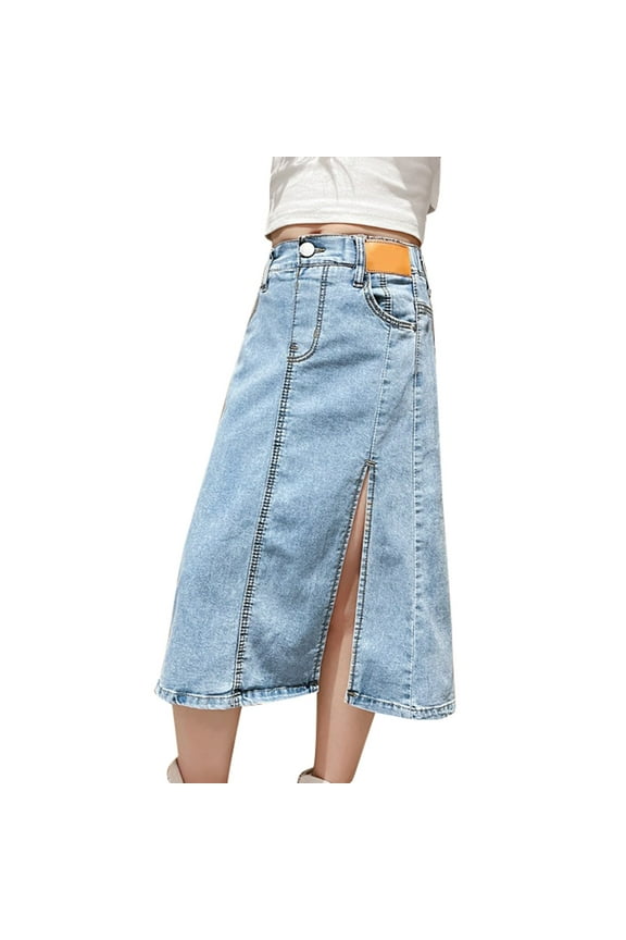Girls High Waist Jeans Skirts Side Open Vintage Buttons Ripped Cropped Denim Skirts Knee Length Y2k Jeans Dress Summer