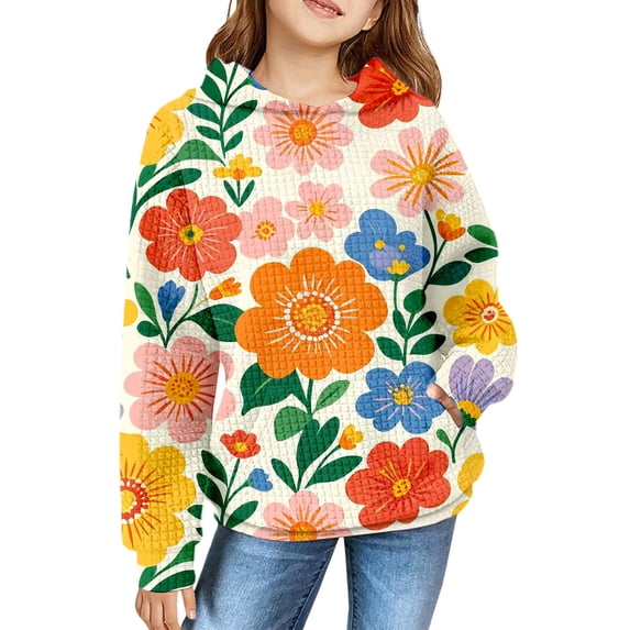 Ruyang Girls Hooded Sweatshirt Floral Print Long Sleeve Pullover Kids Leisure Fashion Sports Sweatshirt Fall Breathable Clothing