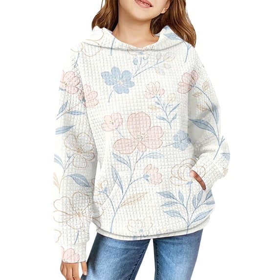 Ruyang Girls Hooded Sweatshirts Long Sleeve Pullover Floral Print Breathable Athletic Tops Fall Kids Sports Casual Clothes