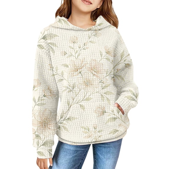 Ruyang Girls Hooded Sweatshirts Long Sleeve Pullover Floral Print Breathable Athletic Tops Fall Kids Sports Casual Clothes