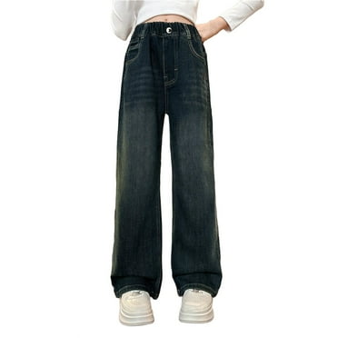 Ruyang Girls Jeans Denim Elastic Wasit Wide Leg Baggy Pants Children Casual Distressed Trousers with Pockets Streetwear Summer Pants