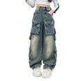 thumbnail image 1 of Ruyang Girls Jeans Denim Elastic Wasit Wide Leg Baggy Pants Pocket Side Denim Cargo Pants Kids Summer Fall Clothes 5-16 Years, 1 of 8