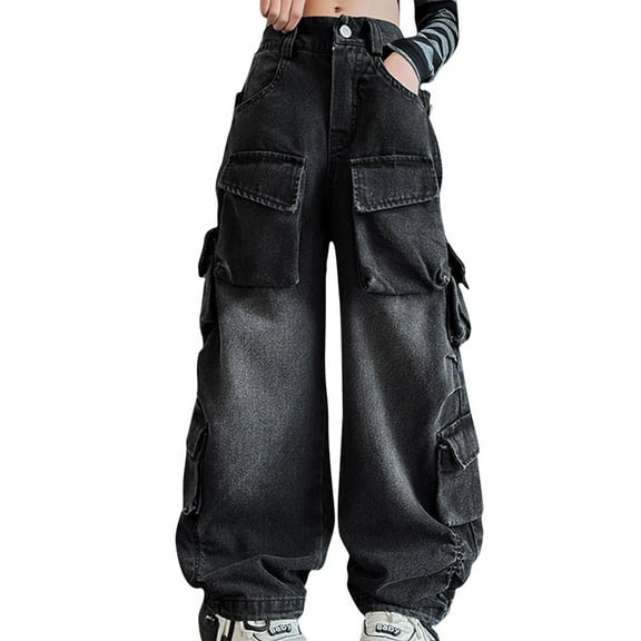 Ruyang Girls Jeans Denim Elastic Wasit Wide Leg Baggy Pants Pocket Side Denim Cargo Pants Kids Summer Fall Clothes 5-16 Years