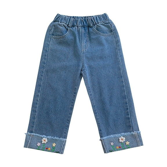 Ruyang Girls Jeans Flowers Embroidery Elastic Waist Denim Pants Child Straight Casual Trousers with Pockets Streetwear Summer Pants