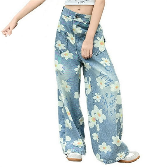 Ruyang Girls Jeans Wide Leg Baggy Denim Pants Children Flowers Elastic Waisted Palazzo Pants with Pockets Streetwear Summer Pants