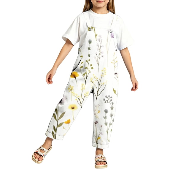 Ruyang Girls Jumpsuits Floral Print Wide Leg Loose Fit Adjustable Straps Rompers Summer Outdoor Lightweight Straight Overalls
