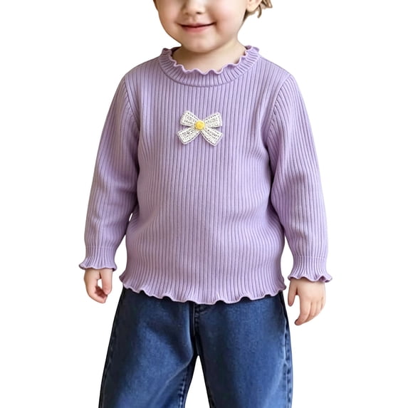 Ruyang Girls Knit Sweatshirt Bow Embroidery Sweater Long Sleeve Pullover Ruffle Hem Casual Tops Fall Fashion Clothes