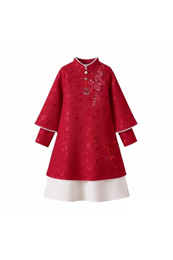 Girls New Year Dress Chinese Traditional Embroidered Floral Cheongsam Youth Cute Elegant Double Layer Soft Qipao Dresses