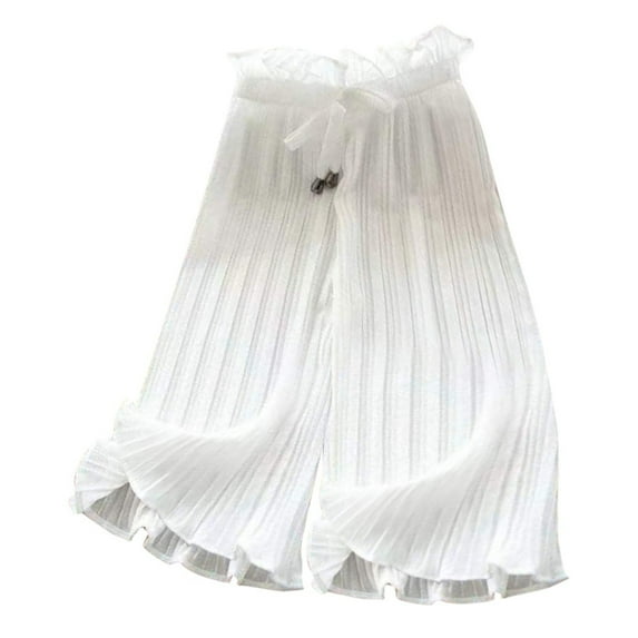 Ruyang Girls Paperbag Waist Pants Solid Soft Smocked Flare Pants Girls Ruffle Elastic Waist Bell Bottoms Teens Summer Clothes