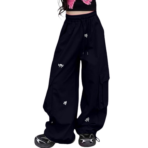 Ruyang Girls Parachute Pants Kids Wide Leg Cargo Pants Y2K Butterfly Street Trousers Pockets Loose Baggy Hiking Pants Grunge Clothes