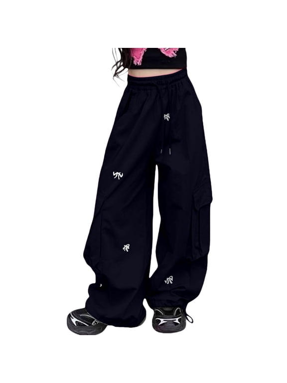 Girls Parachute Pants Kids Wide Leg Cargo Pants Y2K Butterfly Street Trousers Pockets Loose Baggy Hiking Pants Grunge Clothes