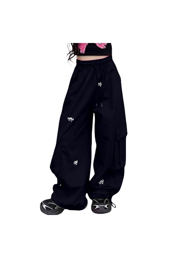 Girls Parachute Pants Kids Wide Leg Cargo Pants Y2K Butterfly Street Trousers Pockets Loose Baggy Hiking Pants Grunge Clothes