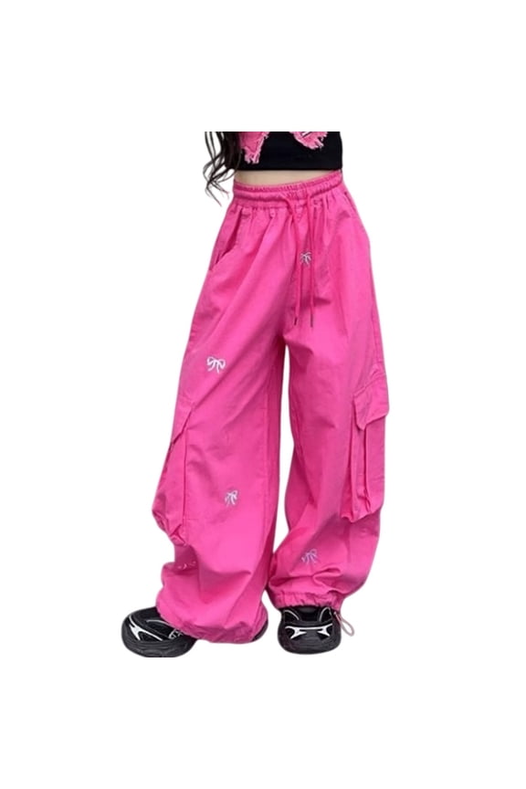 Girls Parachute Pants Kids Wide Leg Cargo Pants Y2K Butterfly Street Trousers Pockets Loose Baggy Hiking Pants Grunge Clothes
