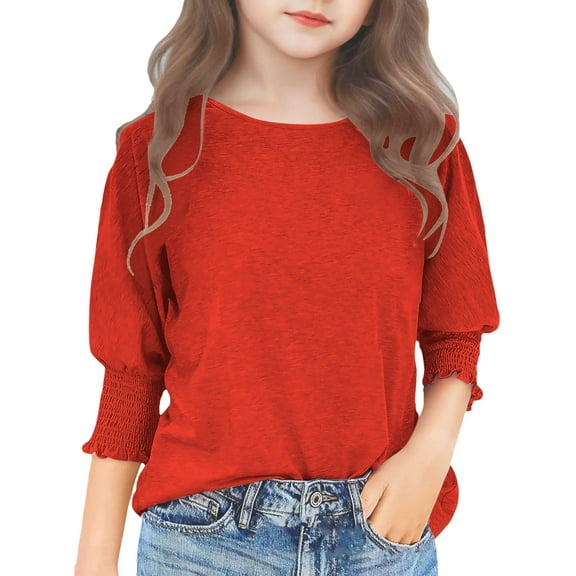 Ruyang Girls Pleated 3/4 Puff Sleeve Tshirt Kids Summer Solid Tee Shirts Causal Trendy Blouses School Dress Shirt Tops