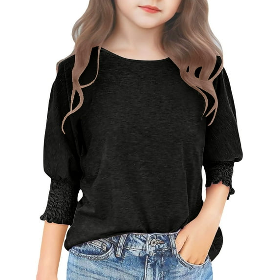 Ruyang Girls Pleated 3/4 Puff Sleeve Tshirt Kids Summer Solid Tee Shirts Causal Trendy Blouses School Dress Shirt Tops
