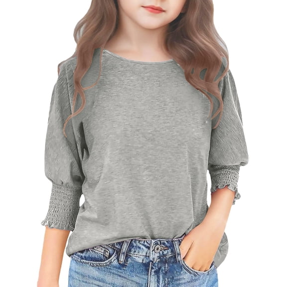 Ruyang Girls Pleated 3/4 Puff Sleeve Tshirt Kids Summer Solid Tee Shirts Causal Trendy Blouses School Dress Shirt Tops